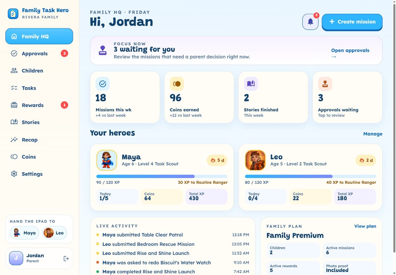 Parent dashboard on iPad